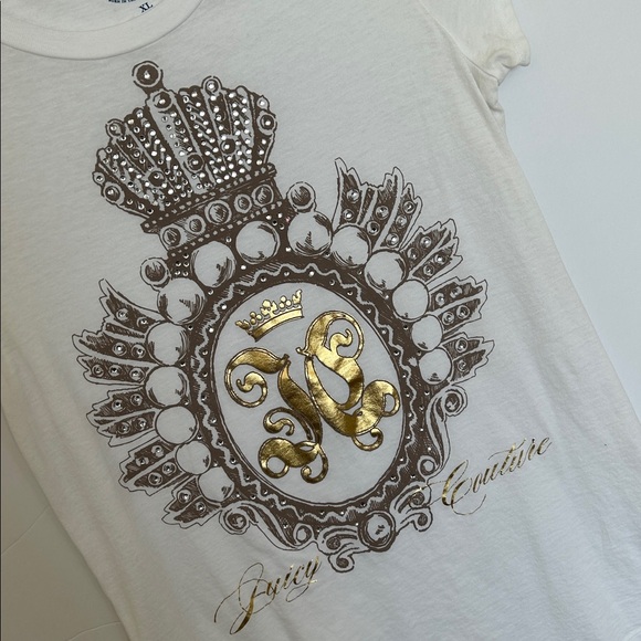 Vintage Juicy Couture White Tee with crystal bling crown & Gold Foil Emblem Y2k - Picture 14 of 17